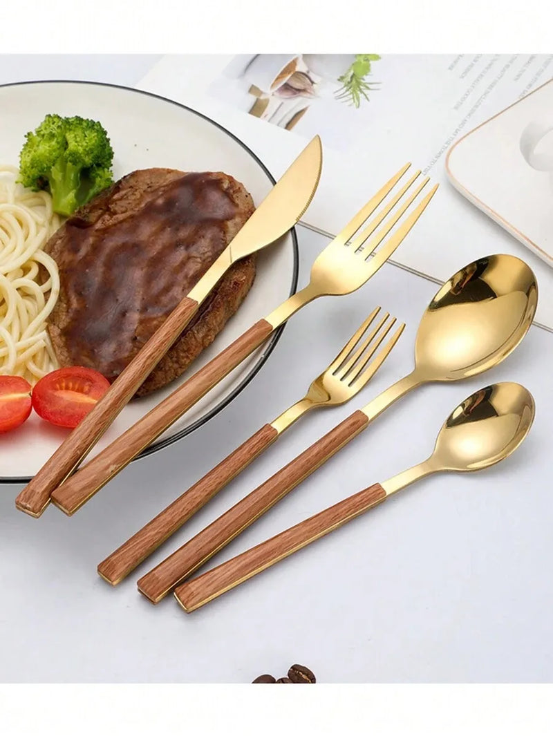 Axyaa Stainless Steel Cutlery Set with Imitation Wood Handles for Home, Hotel, Party