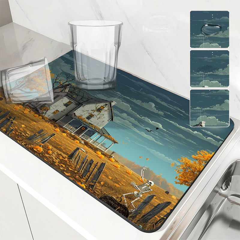Skeleton Farmhouse Drying Mat by Axyaa: Non-Slip Absorbent Kitchen Counter Mat