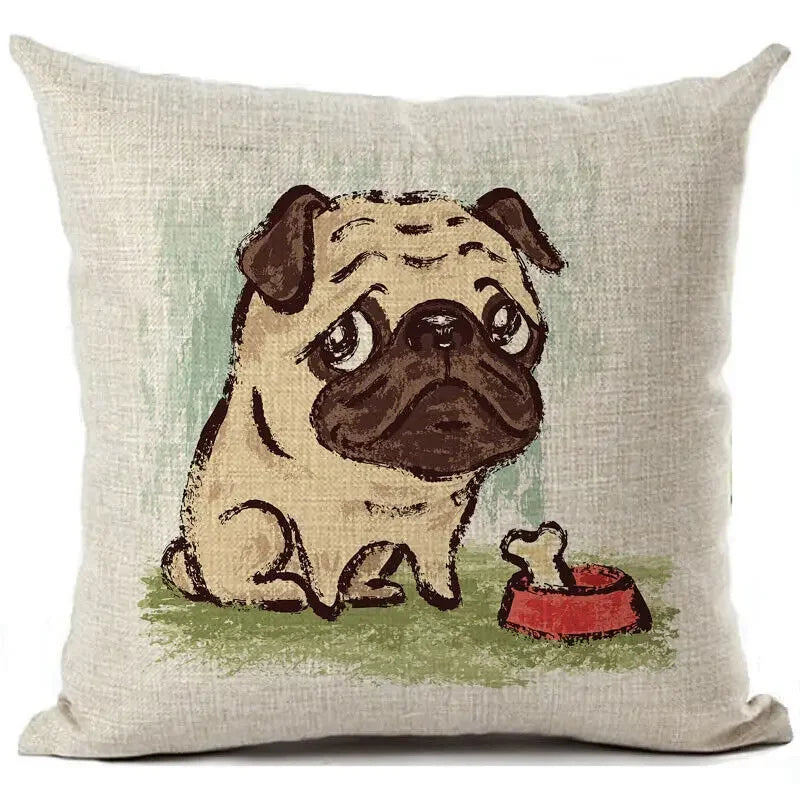 Square Linen Pug French Bulldog Pillow Cover by Axyaa
