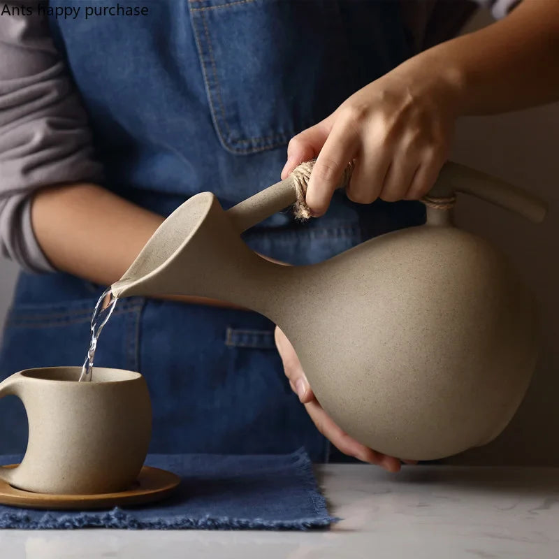 Axya Ceramic Drinkware Set with Wooden Saucer for Cold Kettle Juice and Coffee