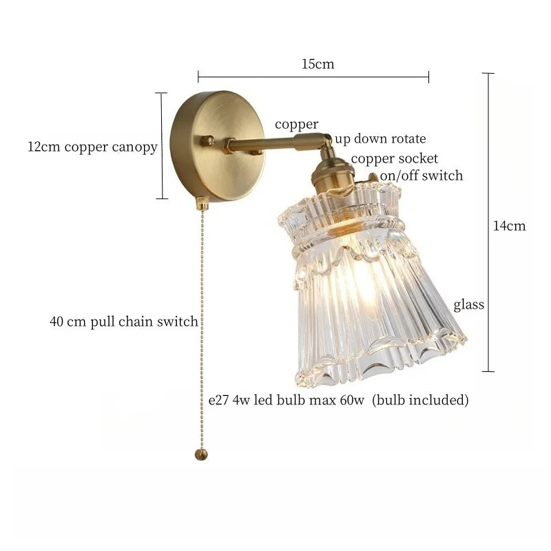 Axyaa Clear Brass Glass LED Wall Lamp with Pull Chain