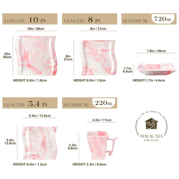 Axya Flora 30-Piece Marble Pink Porcelain Dinnerware Set - Two Color Options
