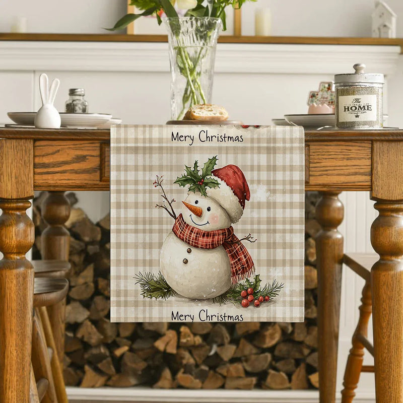 Snowman Holly Berries Table Runner by Axyaa: Festive Kitchen & Dining Decoration