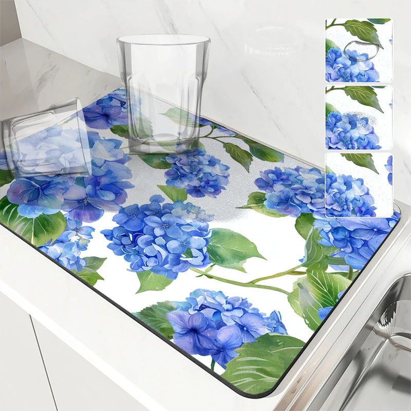 Axyaa Hydrangeas Watercolor Drying Mat: Non-Slip Absorbent Tableware Mat