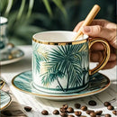 Axyaa Ocean Pattern Ceramic Flower Coffee Cup with Gold Handle and Dish