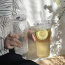 Axyaa 600ML Stripe Glass Cup with Lid and Straw - Cold Drinkware