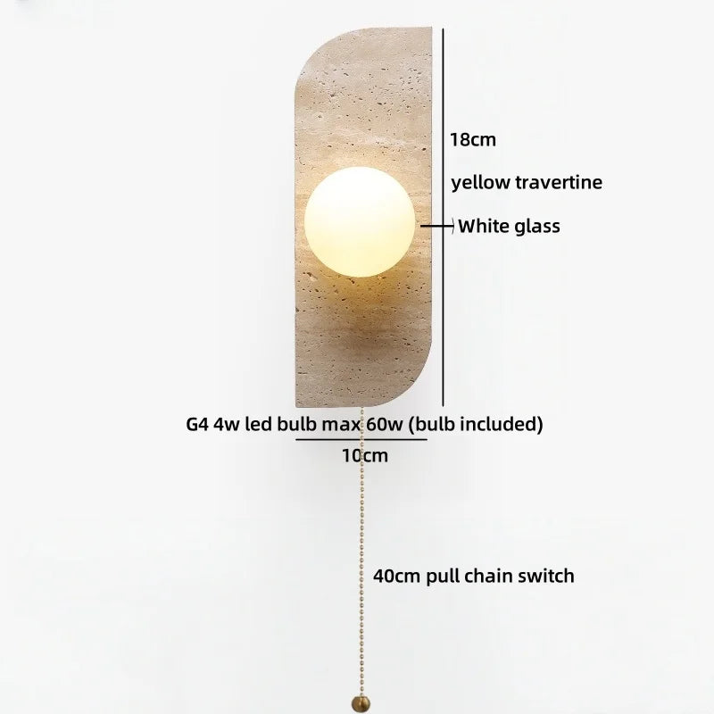 Axyaa White Glass Ball LED Wall Lamp Yellow Travertine Modern Bathroom Mirror Light