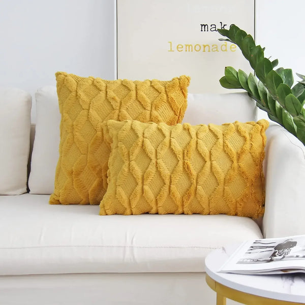 Axyaa Yellow Plush Geometry Pillow Cover 18x18inch