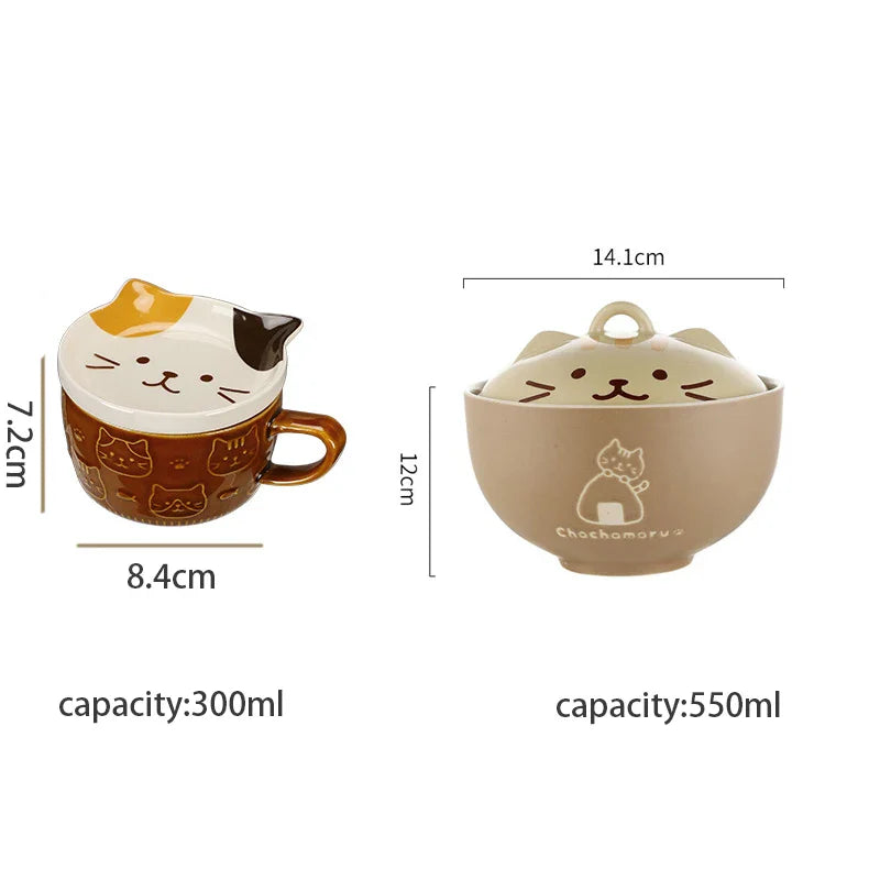 Axya 550ml Cartoon Cat Ceramic Noodle Bowl With Lid - Soup Salad Kitchen Lunch Box