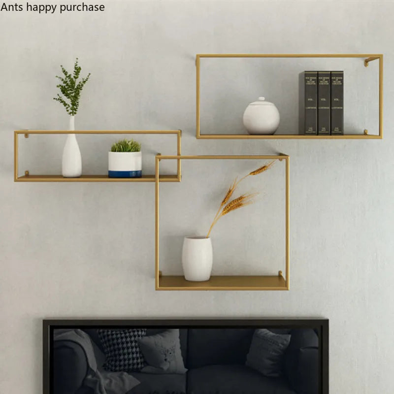 Axya Gold Iron Shelf: Nordic Metal Frame for Stylish Wall Display and Plant Stand