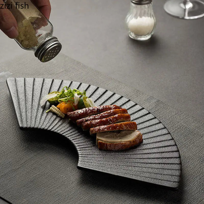 Axya Ceramic Fan-Shaped Sushi Plate Set - Striped Creative Dining Tableware