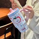 Axyaa Cartoon Cute Thermal Water Bottle Insulated Ceramic Cup with Handle & Double Straw