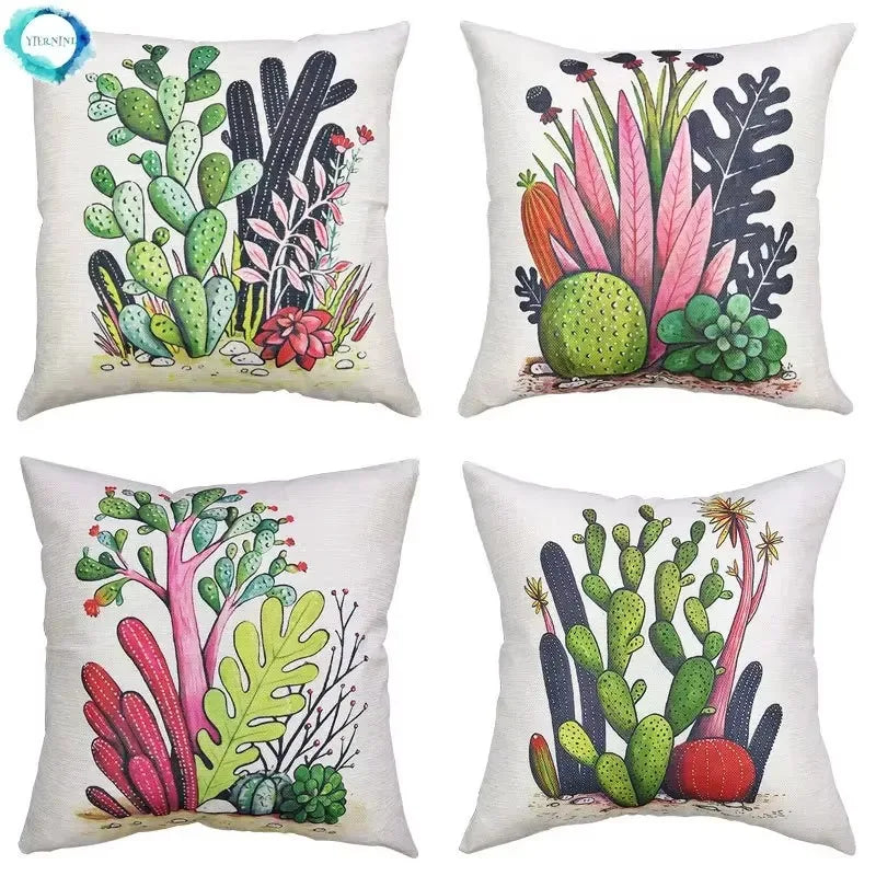 Axyaa Cactus Linen Cushion Cover 45x45cm for Home Decor - Green Plant Pillow Cover