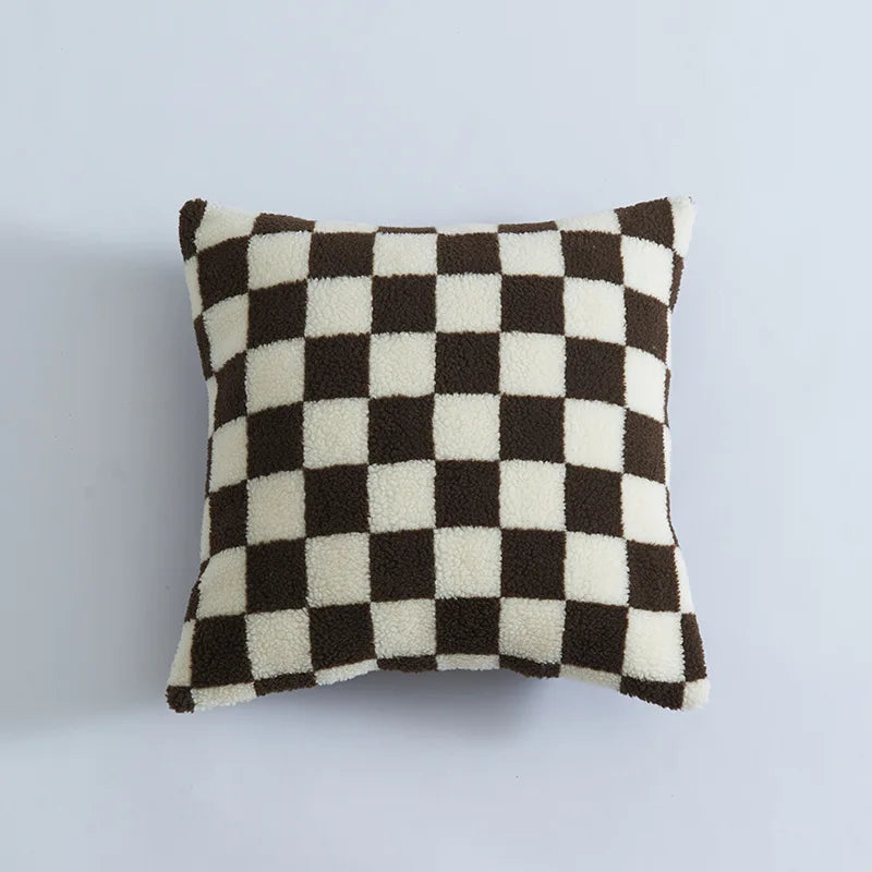Axyaa Checkerboard Lamb Pillowcase in Black White Brown Green for Home Decor
