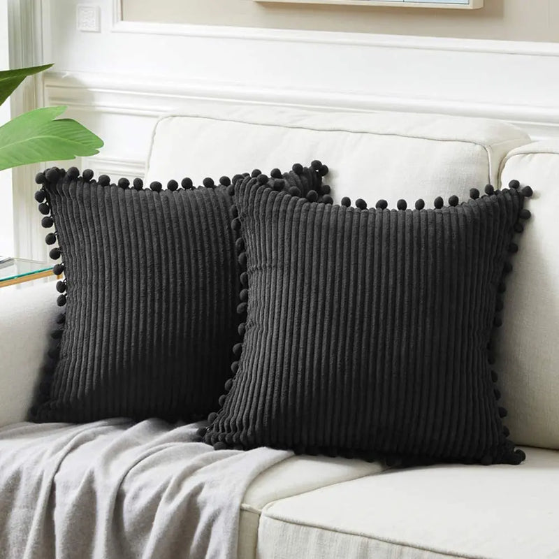 Axyaa Velvet Pillow Covers with Pom-poms - Orange Fall Decor for Sofa