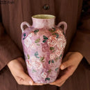 Axyaa Hand Drawn Rose Ceramic Vase Double Ear Hydroponic Flower Arrangement Vessel