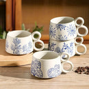 Axyaa Blue Patterned Ceramic Coffee Mug with Double Handles for Home Tea Enjoyment