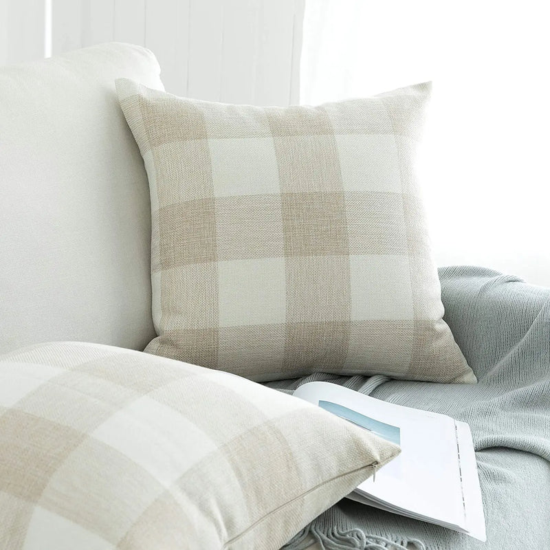 Axyaa Buffalo Plaid Check Throw Pillow Covers in Blue White Orange Ivory.