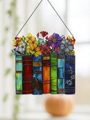 Colorful Flowers & Books Acrylic Suncatcher Window Decor by Axyaa