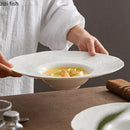 Axyaa White Hammer Straw Hat Pattern Ceramic Soup Plate