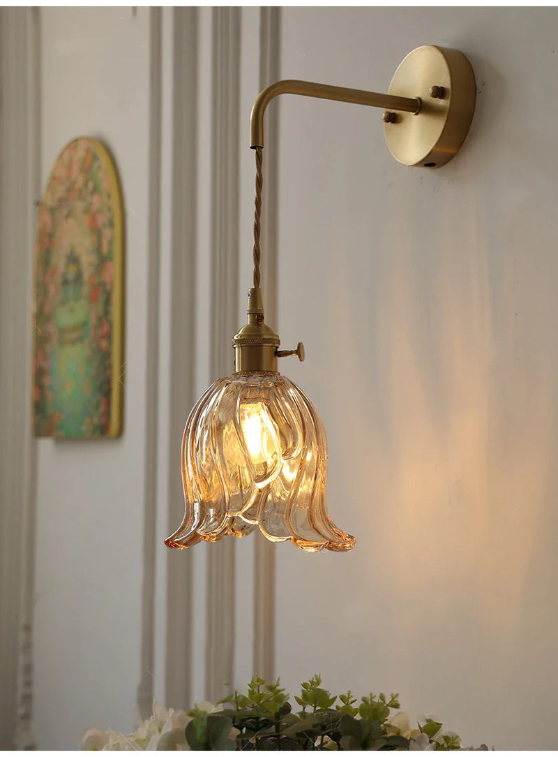 Axyaa Vintage Brass Wall Sconce with Adjustable Glass Lampshade