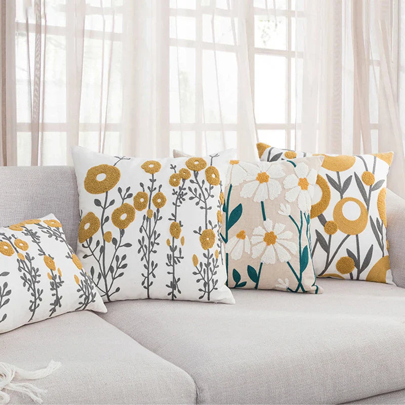 Daisy Floral Geometric Embroidery Pillow Cover 45x45cm Yellow Blue Soft Cozy
