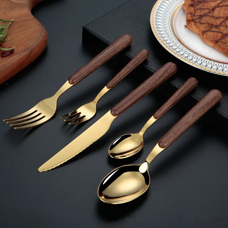 Axyaa Stainless Steel Cutlery Set with Wooden Handle - 16 Piece Dining Set