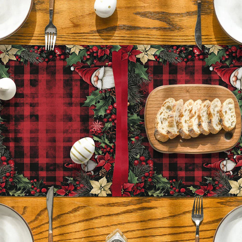 Axyaa Christmas Dwarf Gift Table Runner Holly Poinsettia Farmhouse Decor