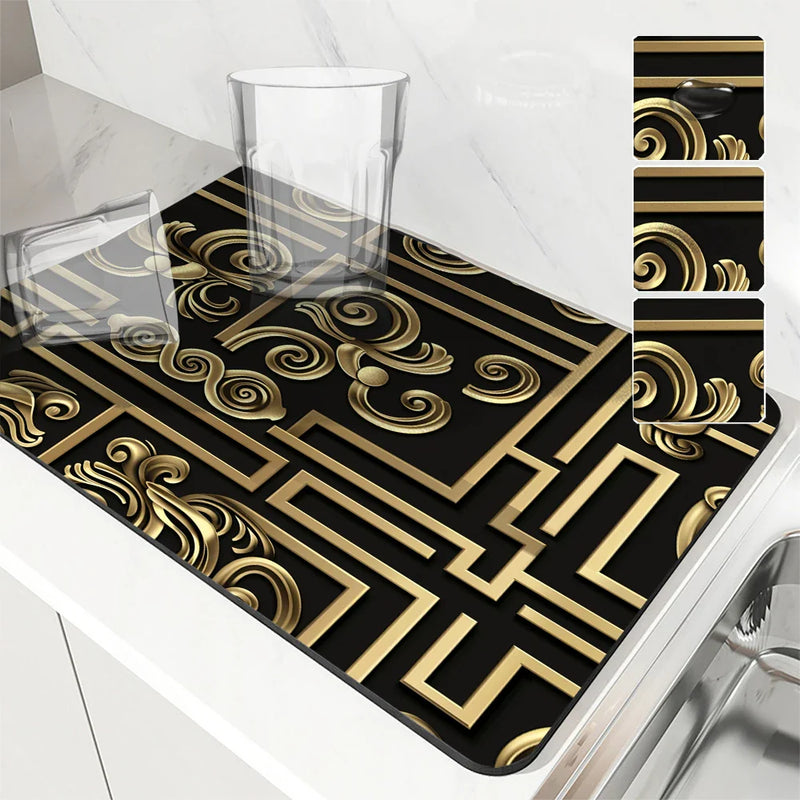Axyaa Non-slip Dish Drying Mat: Heat Resistant, Absorbent, Ethnic Lines Design