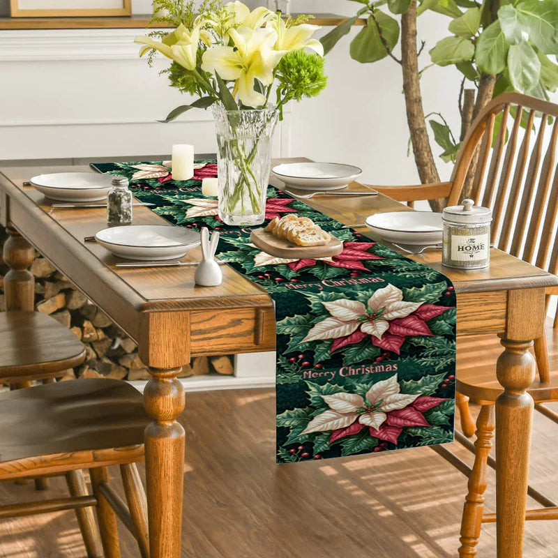 Axyaa Poinsettia Berry Snowflake Table Runner - Festive Home Decor for Dining and Parties
