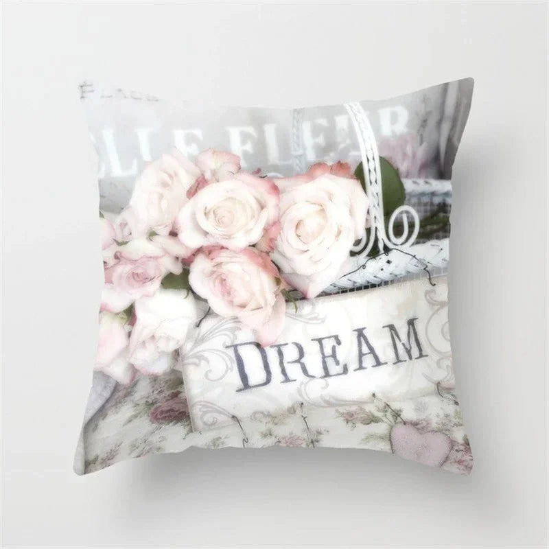 Axyaa Pink Flower Pattern Decorative Cushion Cover for Sofa Pillows - Polyester Material