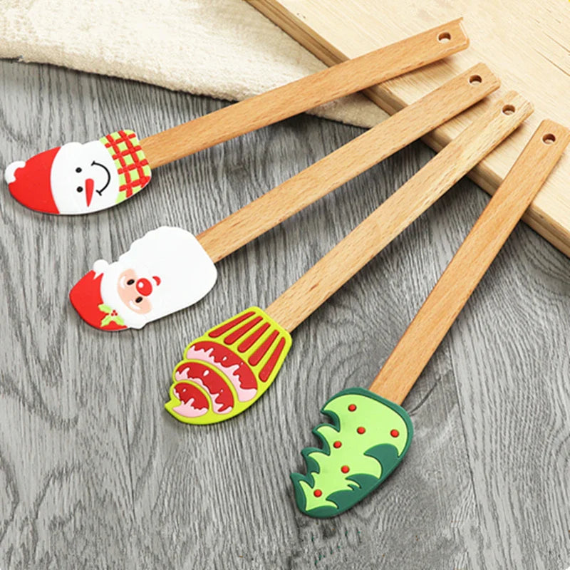 Axyaa Christmas Silicone Spatula with Wooden Handle for Baking