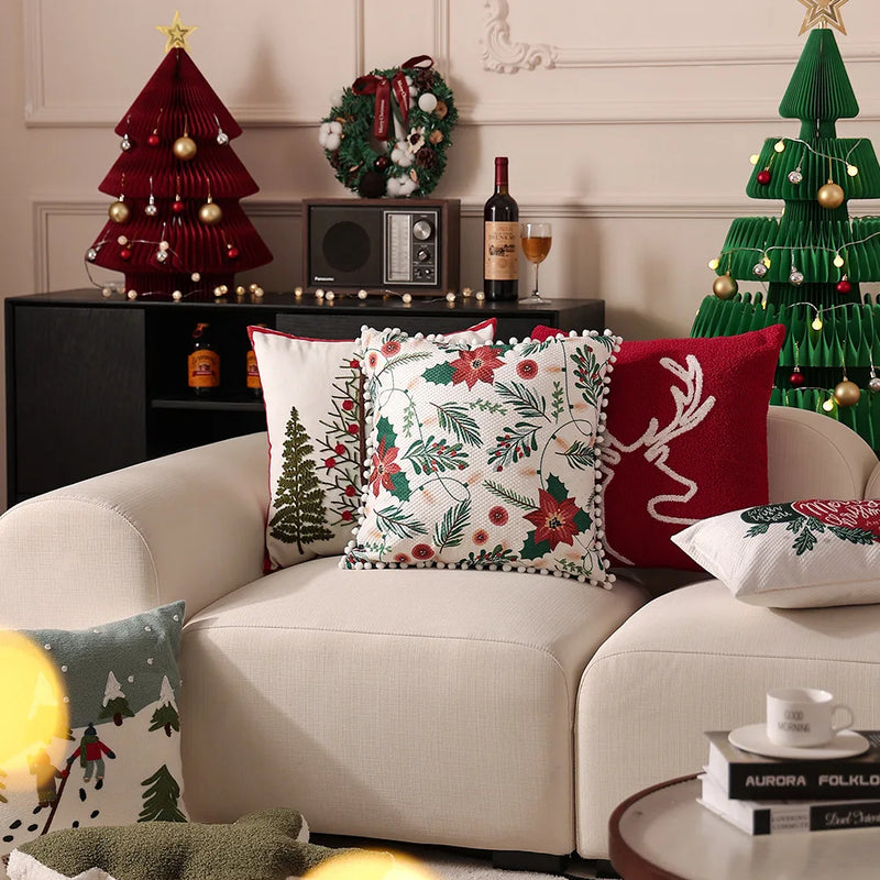 Axyaa Christmas Reindeer Pillow Cover Embroidered Home Decoration 45x45cm