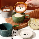 Axyaa Cartoon Cat Coffee Mug with Lid and Small Dish