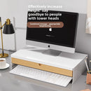 Axyaa Bamboo Drawer Monitor Stand Riser - White, Ergonomic Desk Organizer with Storage