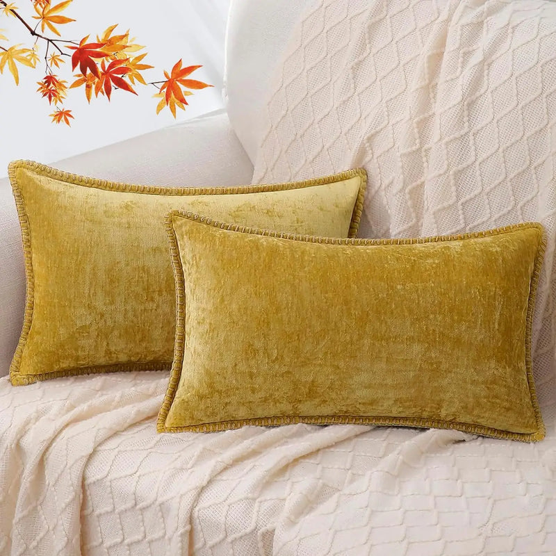Luxury Blue Chenille Cushion Covers with Stitched Edge for Sofa Decor - Axyaa
