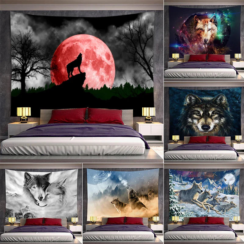 Axyaa Psychedelic Moon Wolf Wall Hanging Tapestries for Home Decor