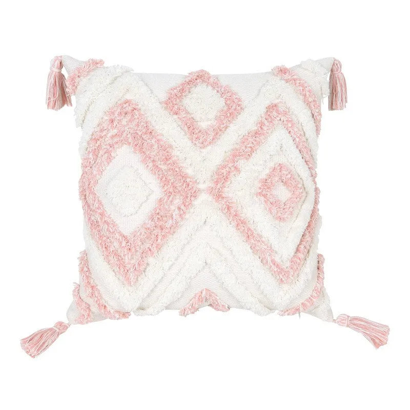 Bohemian Pink Geometric Tassel Throw Pillow Cover for Living Room Sofa by Axyaa