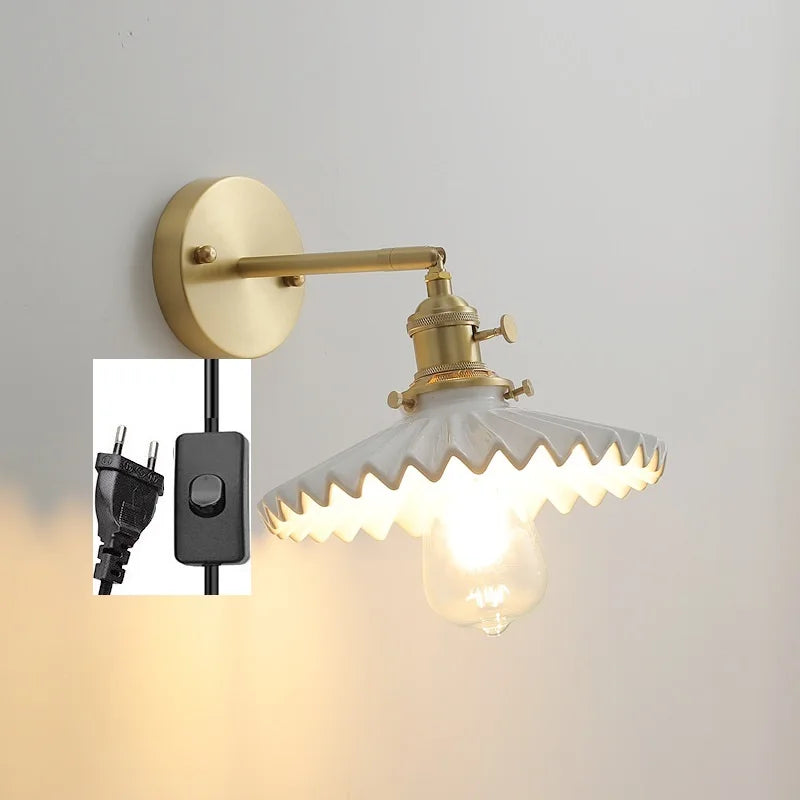 Axyaa Ceramic LED Wall Lamp with Pull Chain Switch - Modern White Black Copper Mirror Light
