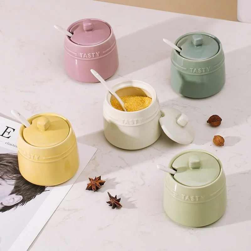 Axyaa Ceramic Condiment Jar Set with Lid, Spoon, Sugar Bowl, Salt Jars