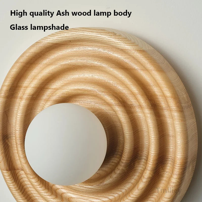 Axyaa Round Ash Wood Wall Lamp LED Light for Living Room Decor