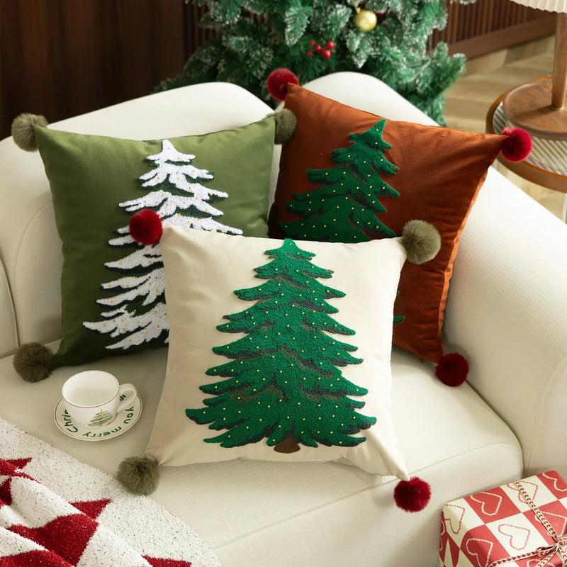 Axyaa Velvet Christmas Pillow Cover Snow Tree Embroidery Rustic Decor