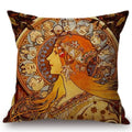 Axyaa Art Nouveau Mucha Gallery Cushion Cover - Beautiful Girl Pattern Linen Pillowcase