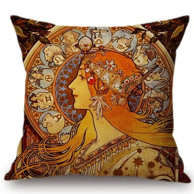 Axyaa Art Nouveau Mucha Gallery Cushion Cover - Beautiful Girl Pattern Linen Pillowcase