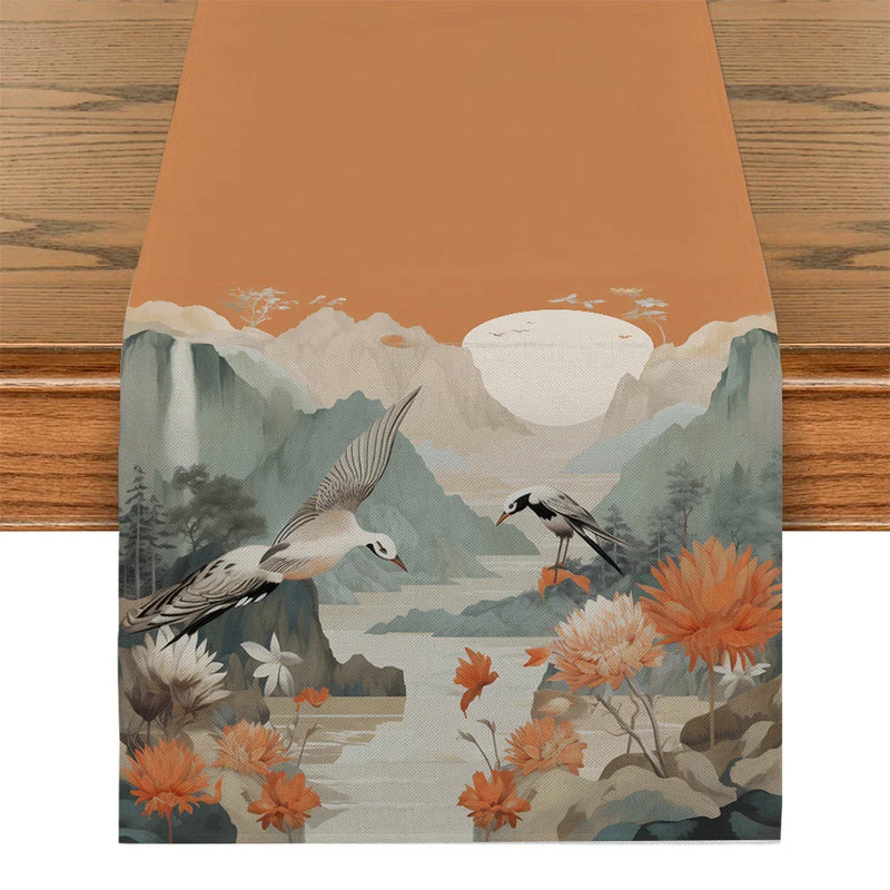 Axyaa Mountain Flower Birds River Table Runner Farmhouse Dining Wedding Decor