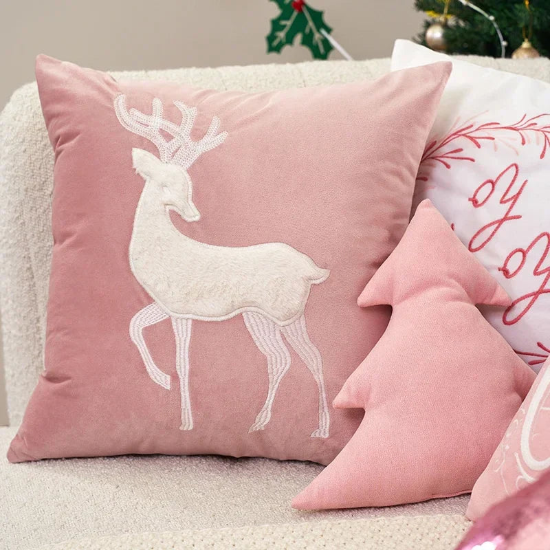 Axyaa Tufted Embroidered Christmas Cushion Cover Deer Candy Cane Gold Beige