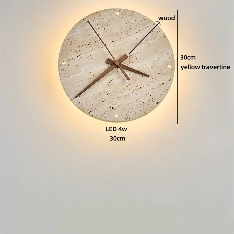 Axyaa Stone Clock LED Wall Light Yellow Travertine Wooden Pointer for Living Room