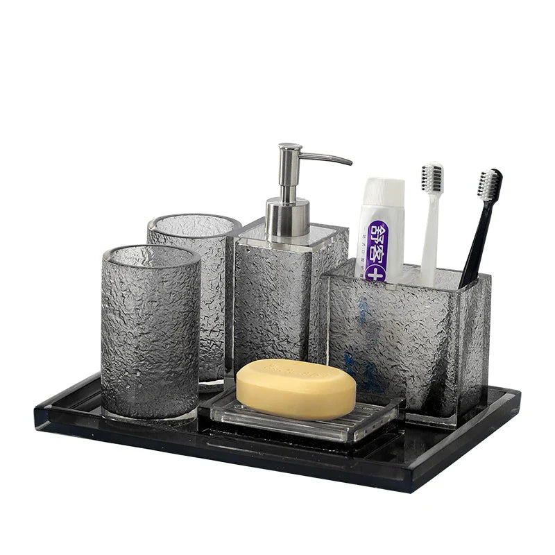 Axya Transparent Gray Bathroom Set: Mouthwash Cup, Storage Tray, Soap Dispenser & Accessories