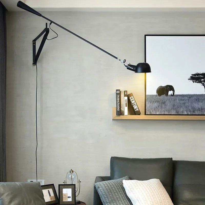 Axyaa Dimmable LED Wall Lamp, Swiveling Long Pole, Black & White Industrial Design