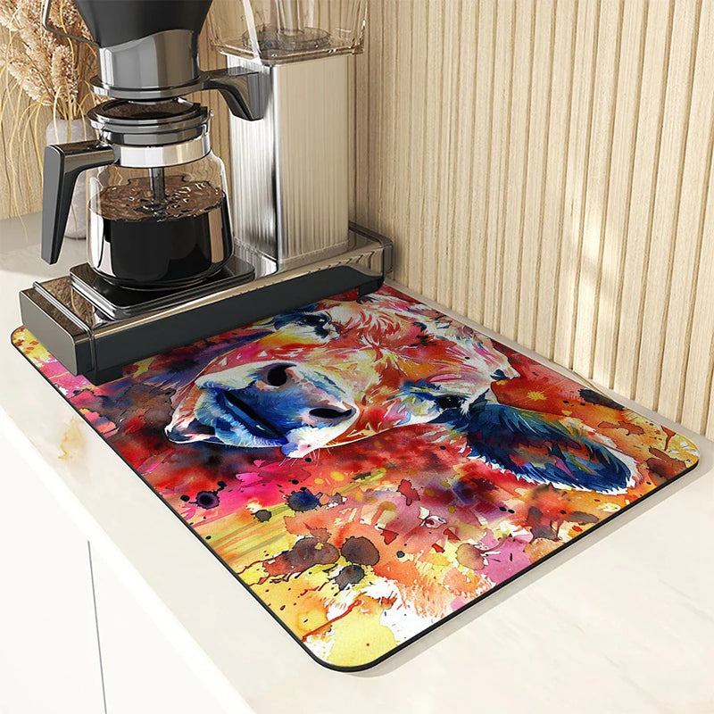Axyaa Animal Painting Effect Kitchen Drying Mat, Non-Slip Tableware Pad